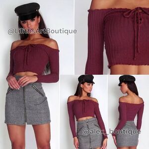 Windsor Burgundy Off-Shoulder Lace-Up Ribbed Crop Top Size L (K019)